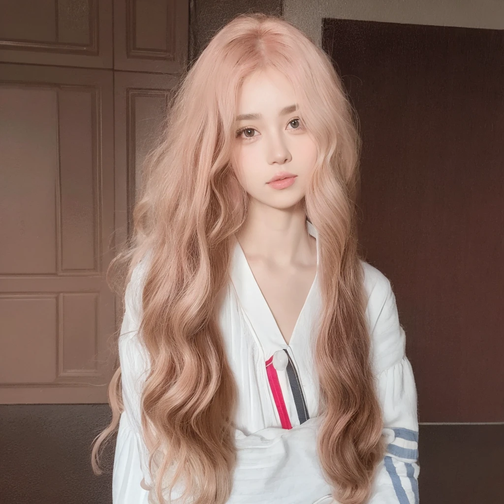 Pink long curly hair,Middle-parted long curly hair with bangs,The background is simple and clean