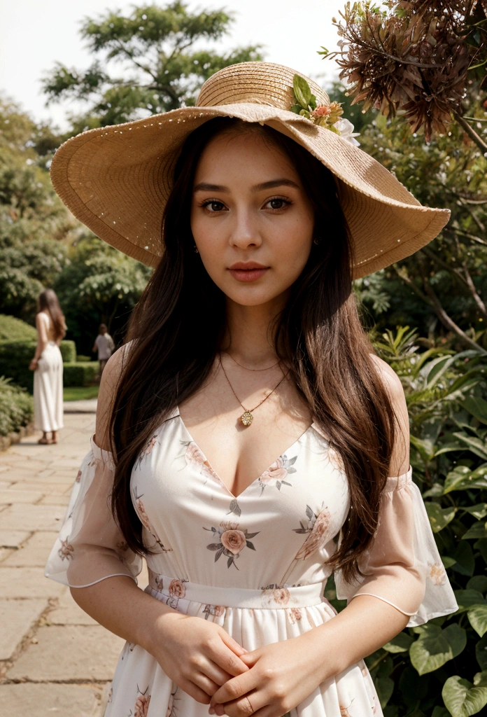 1girl in, 30 years old, Square face, Long hair, Looking at viewer, jewelry, Reality, Sexy, in a flowing A-line, floral dress complemented by a wide-brimmed hat, in a picturesque park or botanical garden
