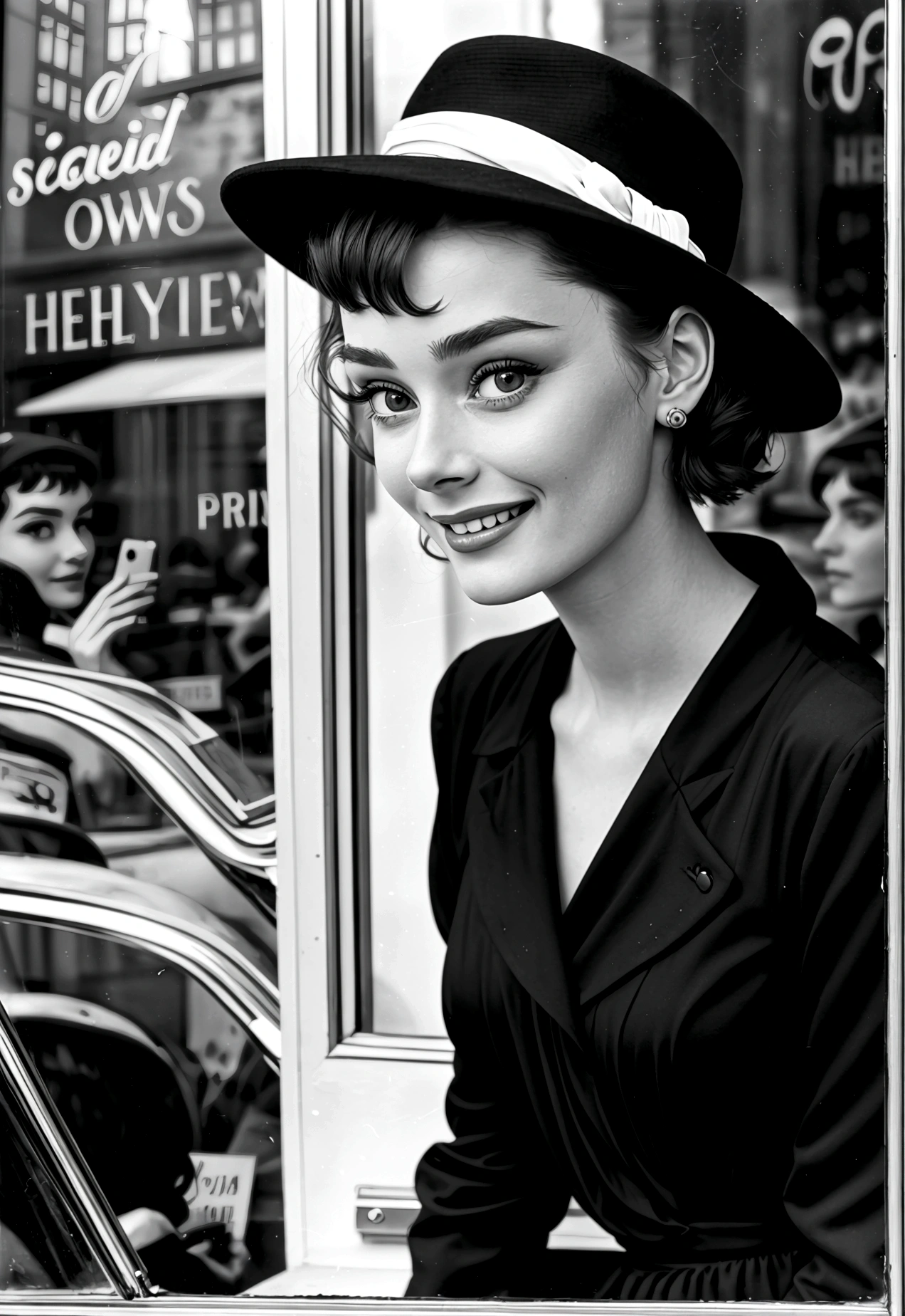 Photograph of a 20-year-old woman who resembles Audrey Hepburn: short dark hair, large expressive eyes and an elegant, understated smile. The woman looks at a hat shop window, in New York City in the year 1950. Perfect eyes, perfect nose, perfect mouth, black and white photography from the 1950s, 8k, realistic photography --seed 1751055599