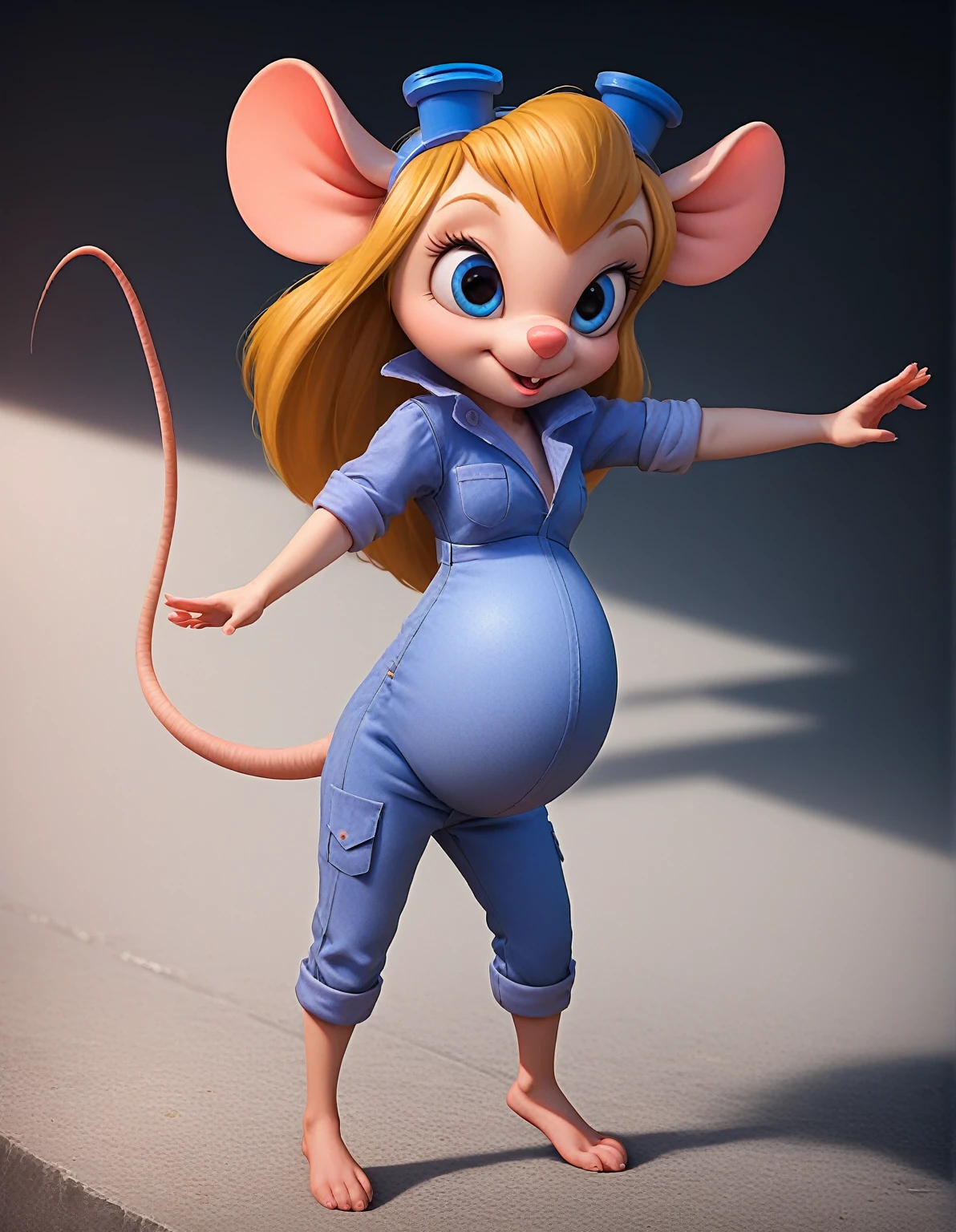 score_9, score_8_up, score_7_up, source_realistic, highly realistic, (absurd resolution), intricate details, zPDXL2, asymmetrical, concept art, raw photo,
1girl, tiny shrunken anthro mouse girl, gadget hackwrench, sparkling blue eyes, long blonde hair, medium breasts, wearing blue denim jumpsuit with sleeves rolled up, welding goggles on head, barefoot, cute pose,
huge tools, mouse hole,
dynamic angle, cinematic lighting, detailed fur texture, detailed eyes, detailed background, volumetric lighting, subsurface scattering,
Expressiveh, hyper-pregnant 