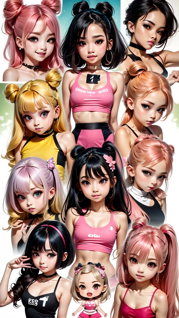 The character costume is KPOP, 9 sets of anime character stickers with different expressions, Hallyu collection style, Anime K-pop art style, Hallyu frontline style, Hallyu art style, kpop style, Official artwork, Chibi Art, Pisif, Blackpink style, Cute KPOP artwork in various poses, The popularity of the art station Pisif