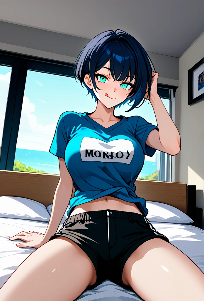 mature woman, tomboy, hot face, horny expression, (sharp eyes), cyan eyes, (short hair, pixie hairstyle, dark blue hair, dark hair), (fit body, mature body), big breast, short pants, hot pants, casual shirt, bedroom, viewer on bed, (licking lips), (on top of viewer, crawling to viewer, on all four), view from below