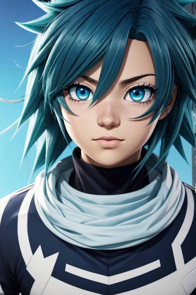 animation style Boku no Hero Academia anime, a man with light blue hair and blue eyes, una mujer de pelo negro y ojos verdes, personas adultos