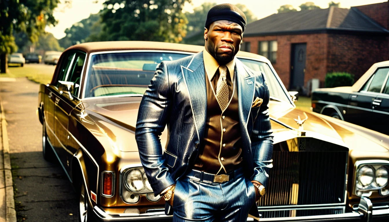 1970s photo of "50 Cent" wearing 1970s gangster attire, he is standing next to a "Rolls Royce", atmospheric perspective, textured skin,