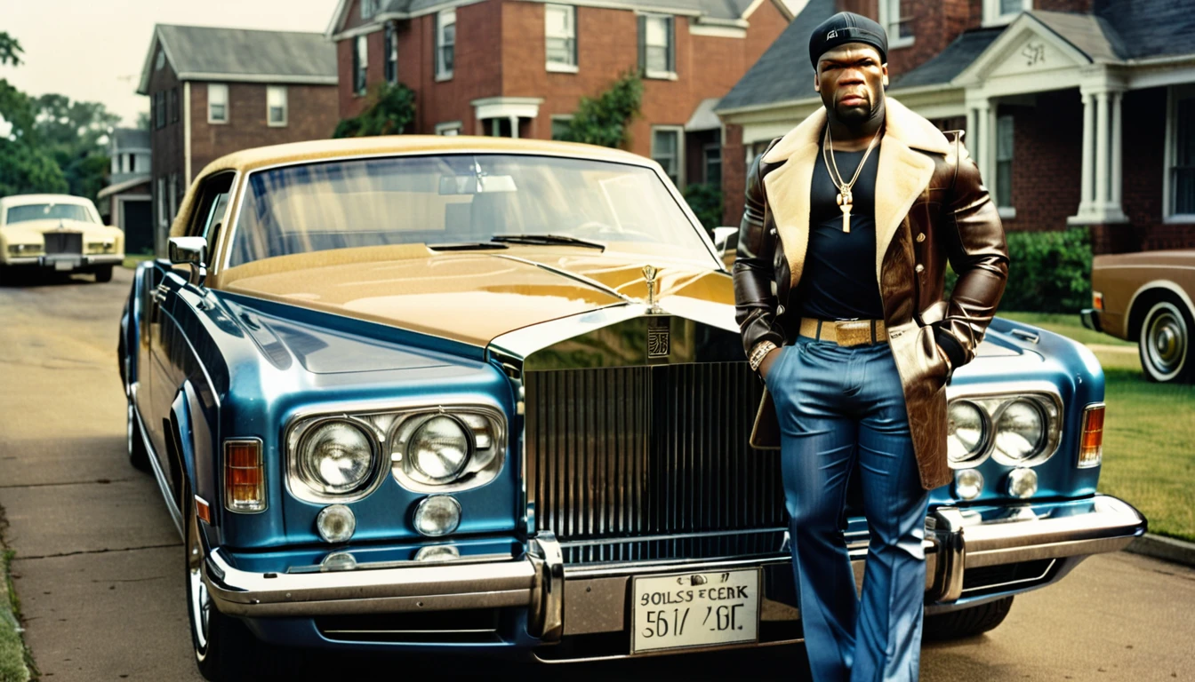 1970s photo of "50 Cent" wearing 1970s gangster attire, he is standing next to a "Rolls Royce", atmospheric perspective, textured skin, 