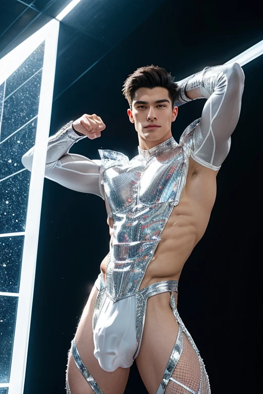 full body photorealistic handsome hunky fractal masculine Superman.. wearing a white diamond transparent crystal chrome glass super suit , look at camera, detailed face parts,, street as background, Freestyle Pose, Happy Expression, perfect anatomy, symmetric body,, 18 years old,  :: high detail, a lean athletic body, realistic, human skin, extremely detailed fingers,  chad chin,, masculine, human skin, (eyes contact), gorgeous, Attractive