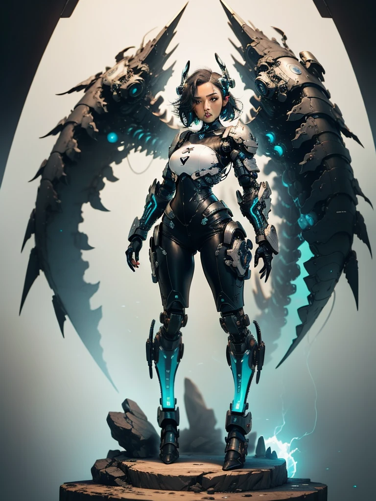 a cyborg female robot warrior, detailed metallic body, short cyberpunk hair, glowing blue circuits, futuristic technorganic armor, intricate mechanical limbs, powerful stance, dramatic lighting, cinematic composition, 8k, best quality, masterpiece, 1girl, sci-fi, Fullbody, cowboy shot, hyper detailed, high contrast, cinematic lighting, advanced 3d rendering, volumetric lighting, ultra-fine details, sharp focus