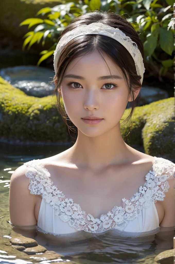 Highest quality, masterpiece, Ultra-high resolution, Supermodels bathing in Japanese hot springs, Outdoor hot spring, Stone hot spring, Moss and tree々Surrounded by, Super beautiful face, Pure Body, I can see my pores, (smile:0.8), Wearing split (lace headband:1.2), (realism:1.5), Original photo, Soaking wet, Sweaty, Bare shoulders, In the Dark, Deep Shadow, Low Key, Cold Light