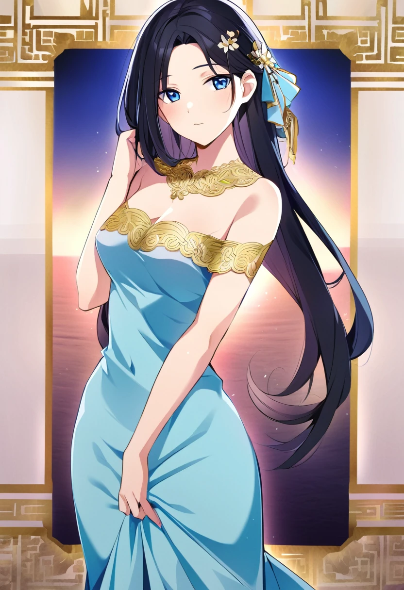 arafed woman in a blue dress with a gold belt and a necklace, 3 d render character art 8 k, trending on cgstation, chengwei pan on artstation, inspired by Lan Ying, 8k artgerm bokeh, 8k high quality detailed art, deviantart artstation cgscosiety, cgsociety 8k, cgsociety 8k, back turned 
