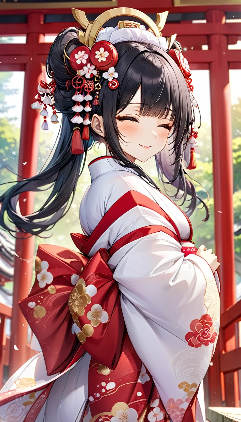 (nendoroid) (Japanese June Bride style) (15 yo, solo) ((blunt bangs, oiran hair)) (black hair long hair sexy shrine maiden girl, sexy closed eyes, love smile) ((beautiful make up)) (in a sexy japanese bride A silk:1.3 White wedding kimono), (in the divine Dazaifu Tenmangu Shrine), BREAK, perfect anatomy, masterpiece, best quality, 16k, beautiful detailed grow, daydreaming expression.