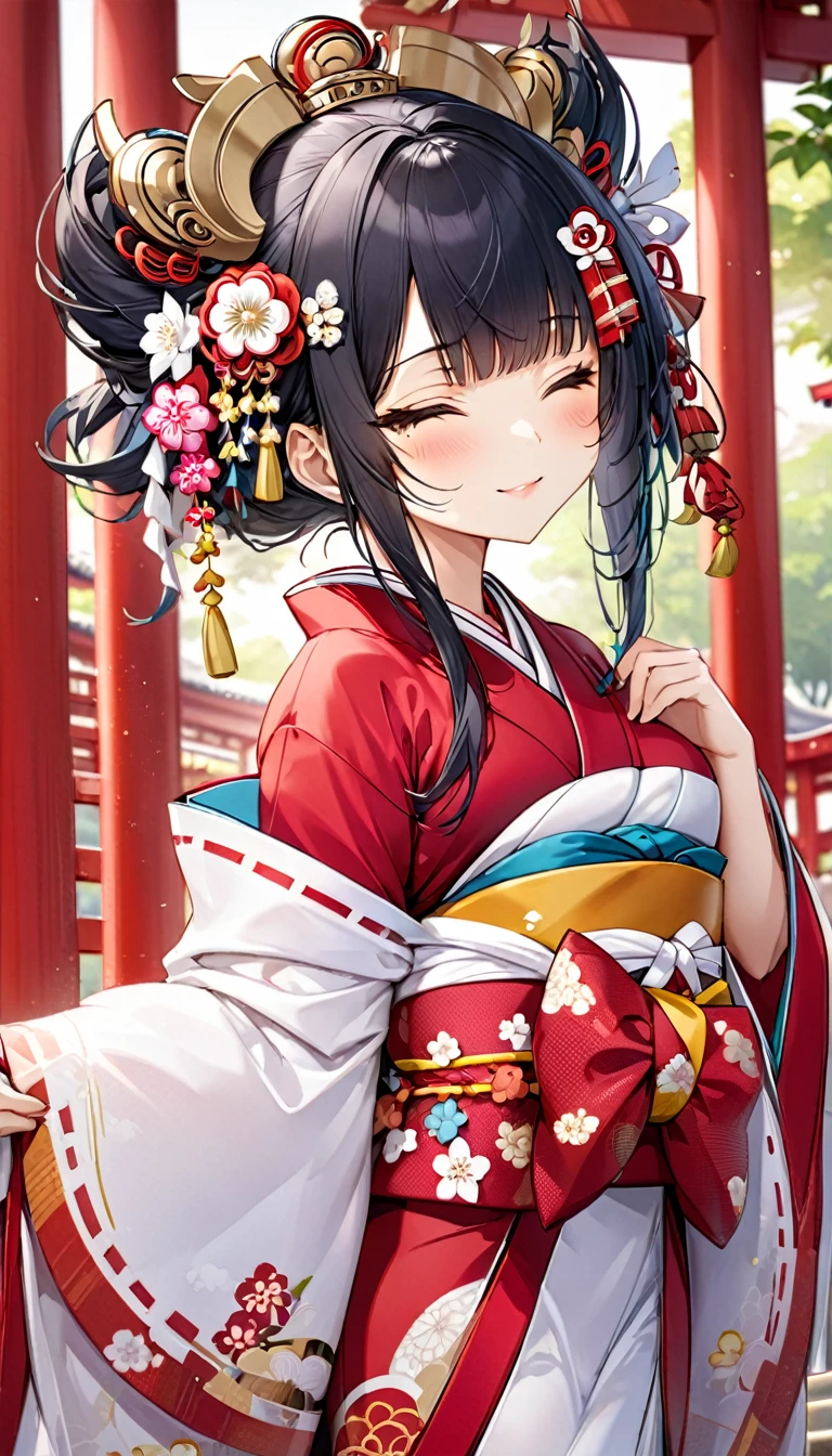 (nendoroid) (Japanese June Bride style) (15 yo, solo) ((blunt bangs, oiran hair)) (black hair long hair sexy shrine maiden girl, sexy closed eyes, love smile) ((beautiful make up)) (in a sexy japanese bride A silk:1.3 White wedding kimono), (in the divine Dazaifu Tenmangu Shrine), BREAK, perfect anatomy, masterpiece, best quality, 16k, beautiful detailed grow, daydreaming expression.