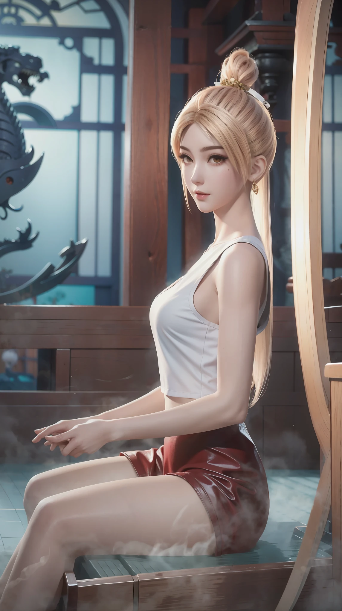 Beautiful woman in red sailor suit, Exorcism, Sit in a Chinese temple, The dragon is winding, Anime Girl Cosplay, Roleplay pictures, Anime role playing, Sailor Moon style, Realistic style, Shooting by machine, 8K Native, Lighting Effects, Attractive anime girl, Beautiful and attractive anime woman, Anime Goddess