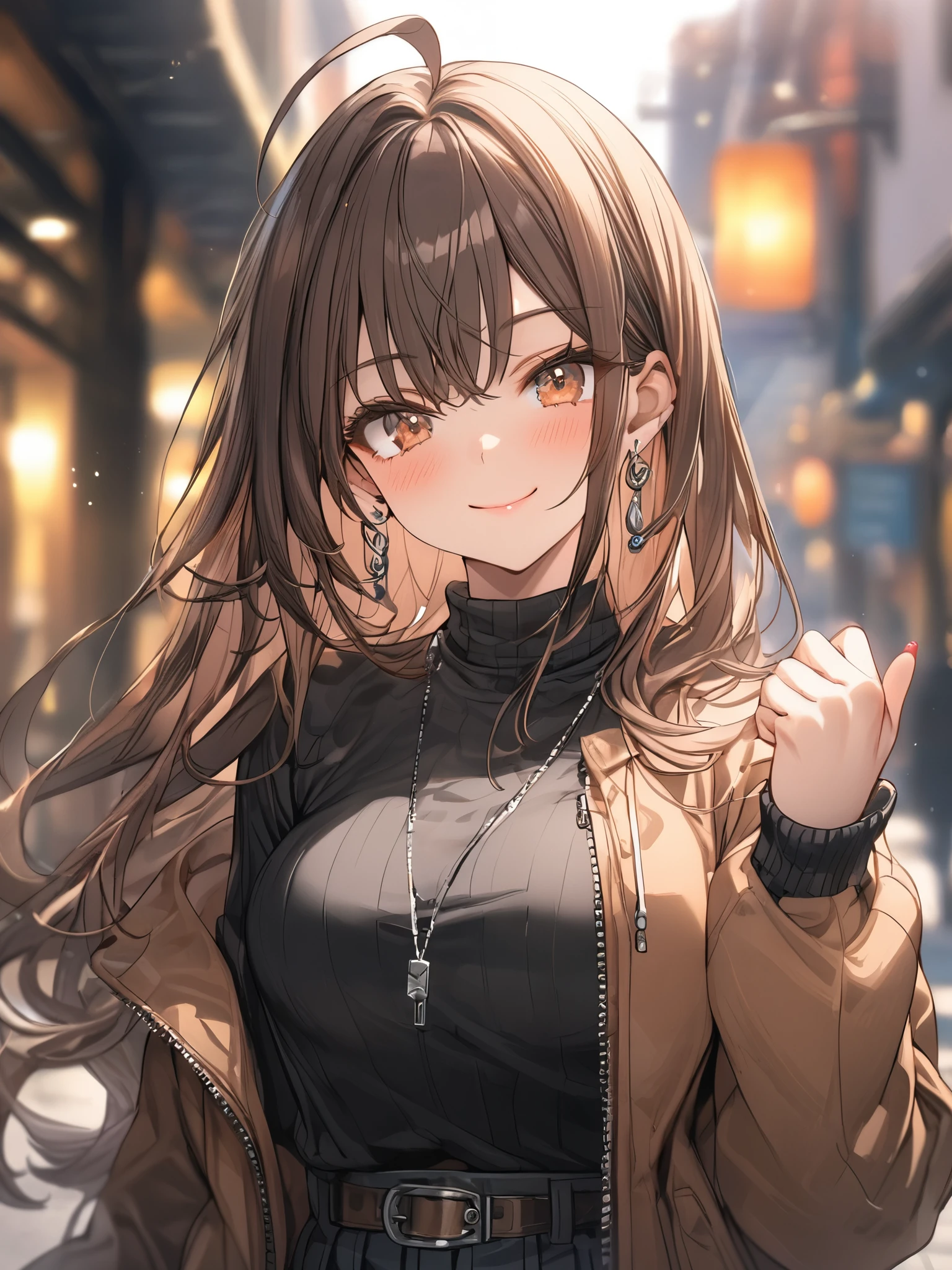 ((masterpiece, best quality)), very aesthetic, absurdres, One girl, Ahoge, bangs, black skirt, black sweater, Blurred, Blurred background, chest, Brown eyes, Brown Hair, brown Jacket, Mouth closed, Day, Depth of written boundary, Earrings, eyelash, Raise your hand, Tilt your head, Jacket, jewelry, Long Hair, Long sleeve, View Viewer, medium chest, Manicure, Open clothes, open Jacket, Outdoor, Pursed lips, Tucked in shirt, Side Lock, skirt, Sleeves are longer than the wrist, alone, sweater, Upper Body, zipper, smile,