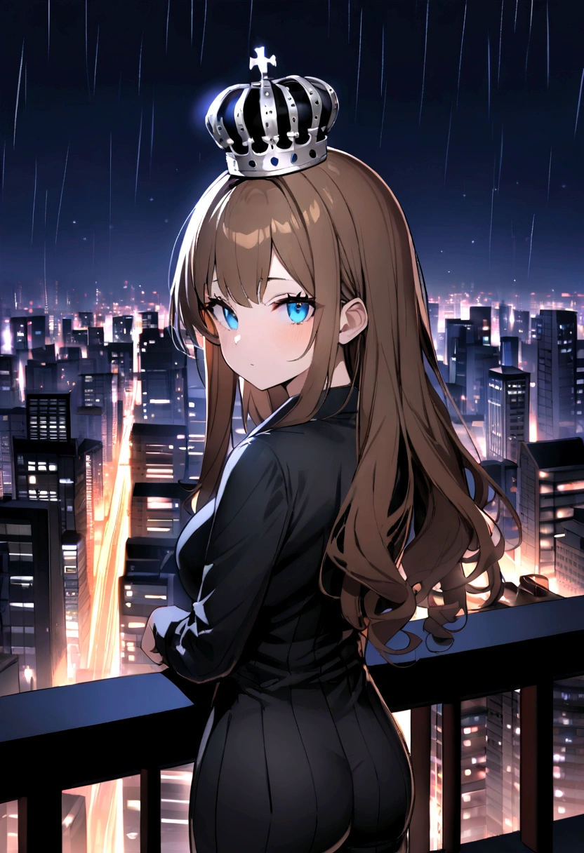 (Highest quality)(1 woman,single,long hair,brown hair,blue eyes,sexy figure ,Black suit shirt,There is a small silver crown on the head.,Turn to look at the viewer,Standing on the edge of a skyscraper(skyscraper roof, overlooking the city, Detailed background (night time, darkness, little light pollution,rain)) look back