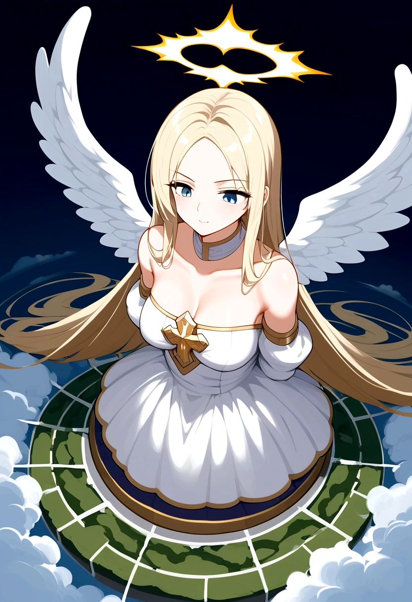 A very beautiful female angel\(Long platinum blonde hair, Wide back white dress,(There are beautiful big angel wings on the chest),Very beautiful shiny halo\), She gently opened her arms，Seeking redemption, She is above the clouds, looking down at the world below, Fierce war\((So many sparks and flames), fail, fighter, Many buildings collapsed, Nature is destroyed, Magnificent and spectacular views\) Happening Under the Clouds, rest ,quality\(8K,Extremely detailed CG unit wallpaper, masterpiece,high resolution,top-quality,top-quality real texture skin,Surrealism,提high resolution,original photo,Best quality,Very detailed,wallpaper,light,Ray Tracing,Golden Ratio\),[Not suitable for working hours],Dynamic Angle,[Not suitable for working hours],from above