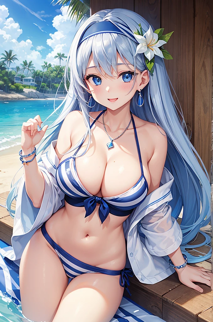 Highest quality、Highest quality、masterpiece、Beauty(Age 25)、Navy blue long hair、blue eyes、Sexy White Bikini(Dark stripes)、Big cleavage、(Big Breasts)、smile、blue necklace、Blue Earrings、background(Beach)、Please open your mouth wide、White headband、bracelet、Dynamic pose