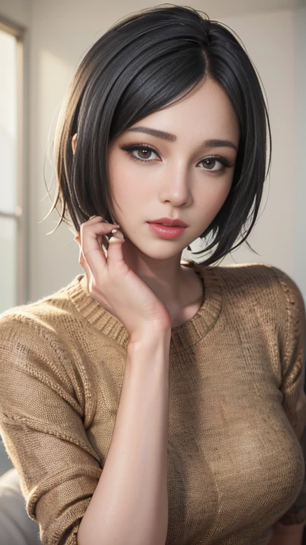 (masterpiece:1.3), (8K, realistic, RAW photo, highest quality: 1.4), (1 girl), beautiful face, (realistic face), (black hair, short hair:1.3), beautiful hairstyle, realistic eyes, beautiful and fine eyes, (realistic skin), beautiful skin, (sweater), disorganized, Charm, ultra high resolution, surreal, very detailed, golden ratio、(full shot)