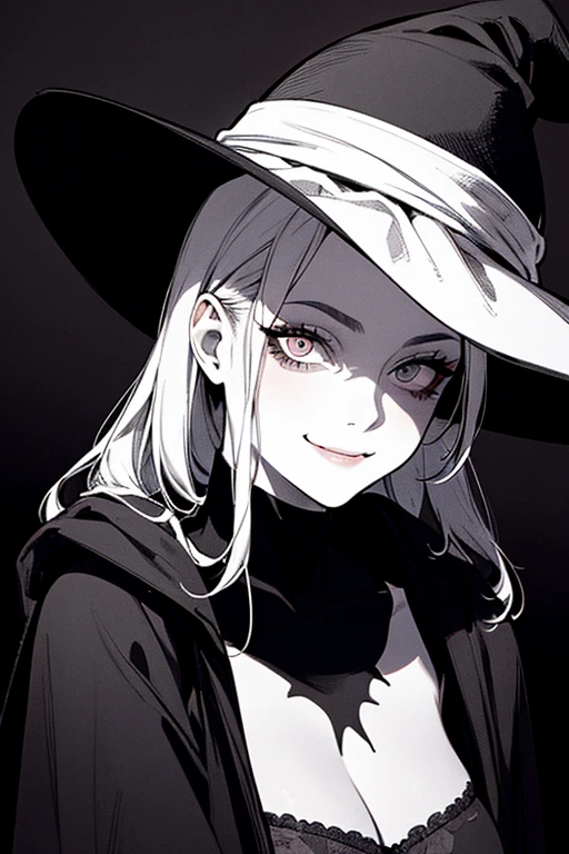 Bra Prima, top quality, (background detailed), high contrast, one beautiful woman, cold smile, crazy eyes, black pointy hat, close-up of head, black robe, skull background, (black background: 1.5), clean line drawing