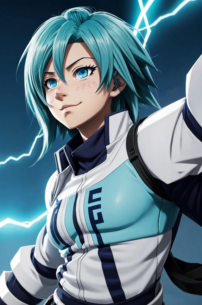 animation style Boku no Hero Academia anime, a man with light blue hair and blue eyes, una mujer de pelo negro y ojos verdes