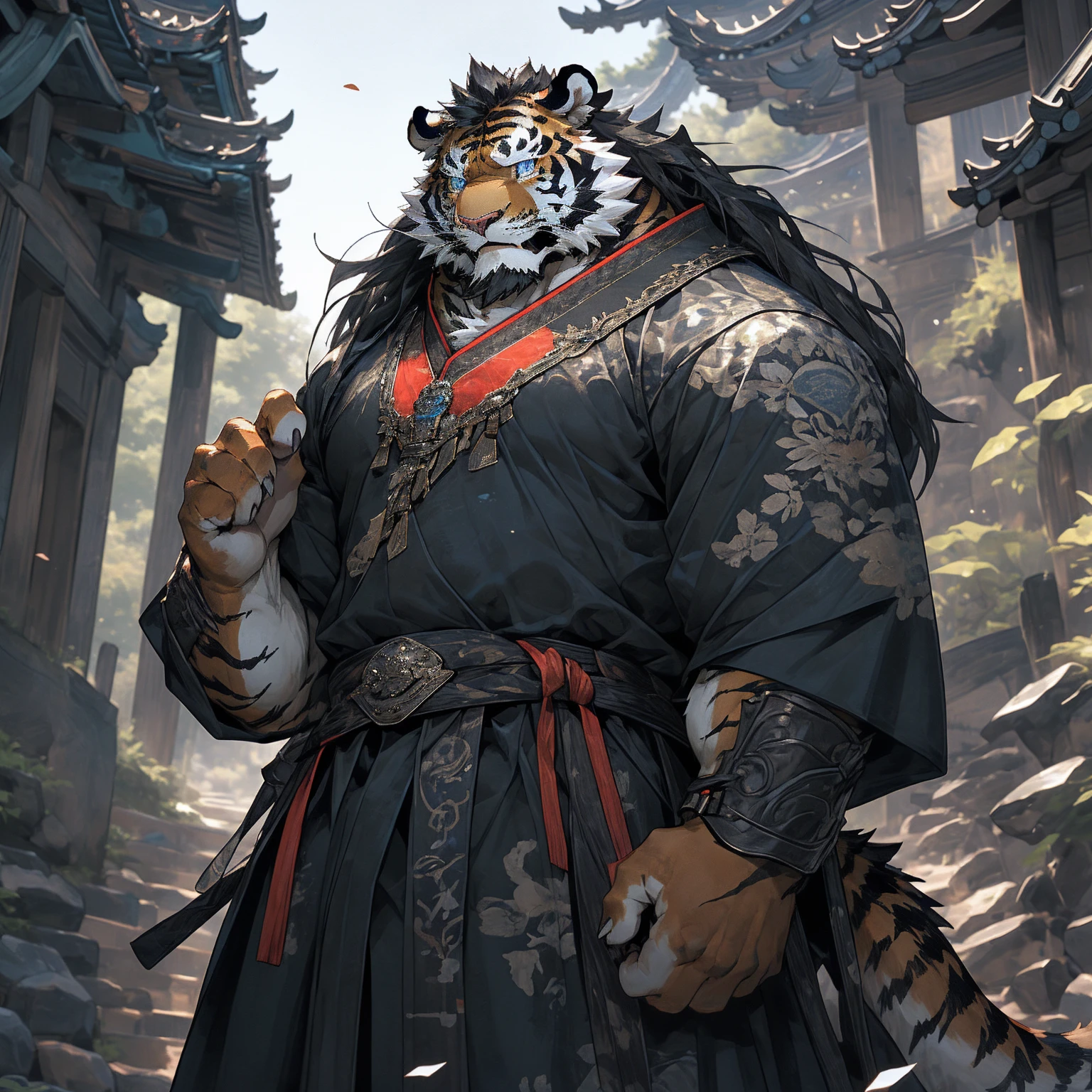(黑色tiger),(黑色General战袍),Holding a sword,Powerful gesture,Stand confidently and proudly,(边塞Great Wall与沙漠戈壁为背景:1.2.Great Wall),abdominal muscles,Heroic Stance飒爽,完美的masterpiece,Various facial details,Long-term perspective,specific description,masterpiece,CG,(Light blue eyes),Light black pattern,Black tail,General,Heroic Stance,tiger,Black fur,Specific facial details,Half Body,(黑炭General战履),(Chang Ling),((middle aged)),(Face Focus),(16K),HD,Red and white belly,temple,beard,(Face line),Different students,(Black shirt),(Light black hair),Strong,muscle,(high resolution:1.3),Chinese style general holding a long sword，眺望远方 黑色皮毛tiger