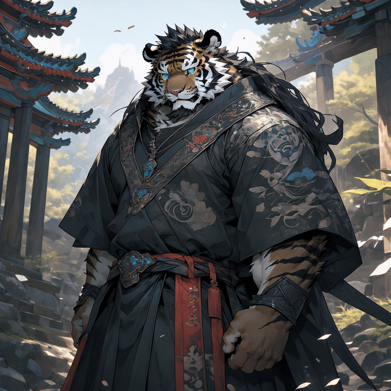 (黑色tiger),(黑色General战袍),Holding a sword,Powerful gesture,Stand confidently and proudly,(边塞Great Wall与沙漠戈壁为背景:1.2.Great Wall),abdominal muscles,Heroic Stance飒爽,完美的masterpiece,Various facial details,Long-term perspective,specific description,masterpiece,CG,(Light blue eyes),Light black pattern,Black tail,General,Heroic Stance,tiger,Black fur,Specific facial details,Half Body,(黑炭General战履),(Chang Ling),((middle aged)),(Face Focus),(16K),HD,Red and white belly,temple,beard,(Face line),Different students,(Black shirt),(Light black hair),Strong,muscle,(high resolution:1.3),Chinese style general holding a long sword,眺望远方 黑色皮毛tiger