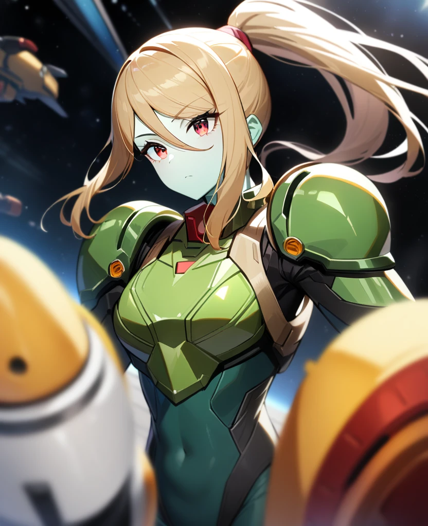 1girl,Samus aran,solo,red eyes,brown hair,green power armor,ponytail,pale green skin,green chest armor,cowboy shot,in space ship,zero gravity,Science fiction,ultra-detailed,sharp focus,aesthetic,(best quality)