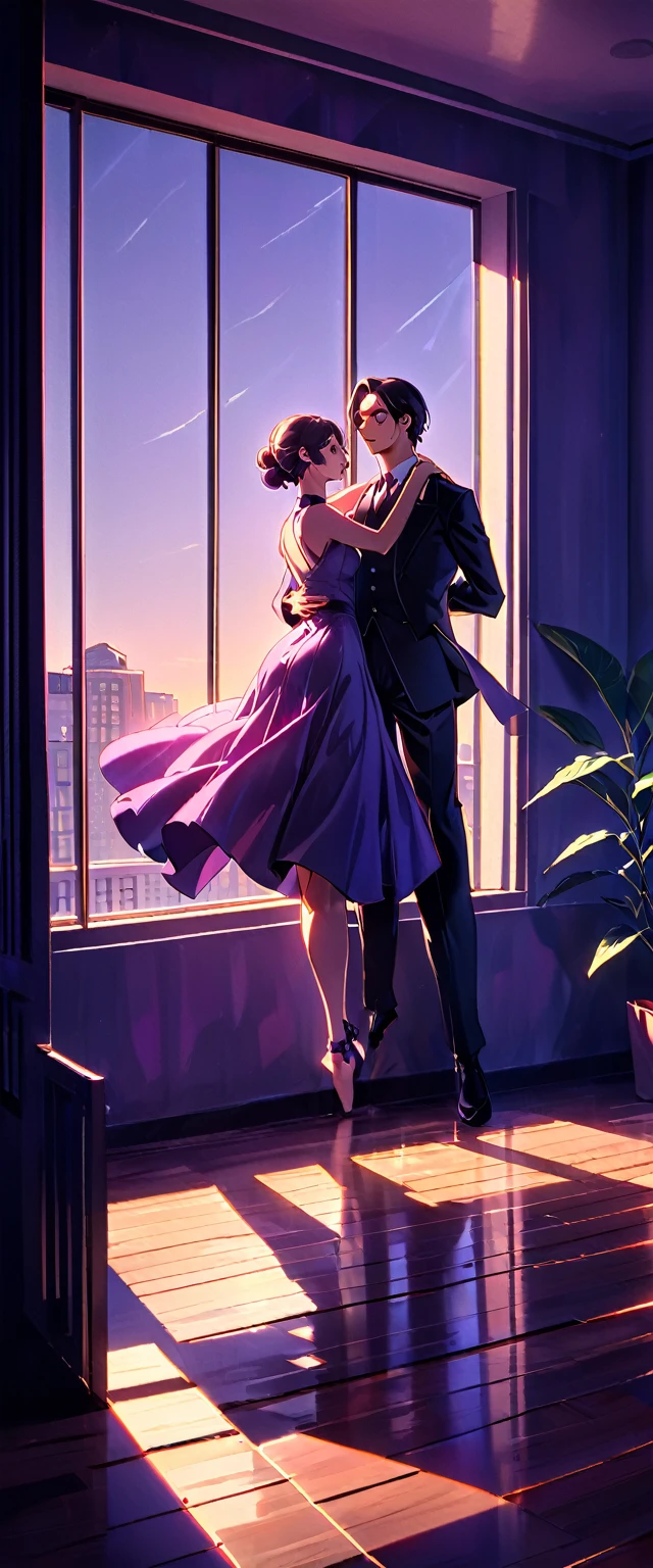 In an Art Deco Ballroom in the 1920s, Outside the window is a balcony. A narrow French window with an arched top leads out to the balcony., Outside, the sun has almost set, but the sky is a deep blue with a hint of purple., and small stars are shining in the dark blue sky, a small star is coming, outthere is a potted plant by the window, and a man and woman are dancing the tango facing each other. The man is facing forward and the woman has her back to the viewer. The man is wearing a black suit and the woman is wearing a purple long tight dress. The dress is sleeveless with a large V-shaped opening at the chest and a long slit, exposing their thighs. The room is dimly lit with only overhead lighting. The lighting is from directly above, and shadows are cast on the eye sockets, making it impossible to read their expressions.