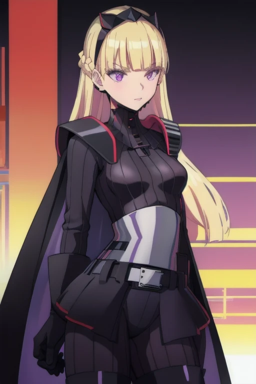 AmSW,long hair,blonde hair,black gloves,purple eyes,black hairband,cape,black bodysuit,medium breasts,braid,blunt bangs,