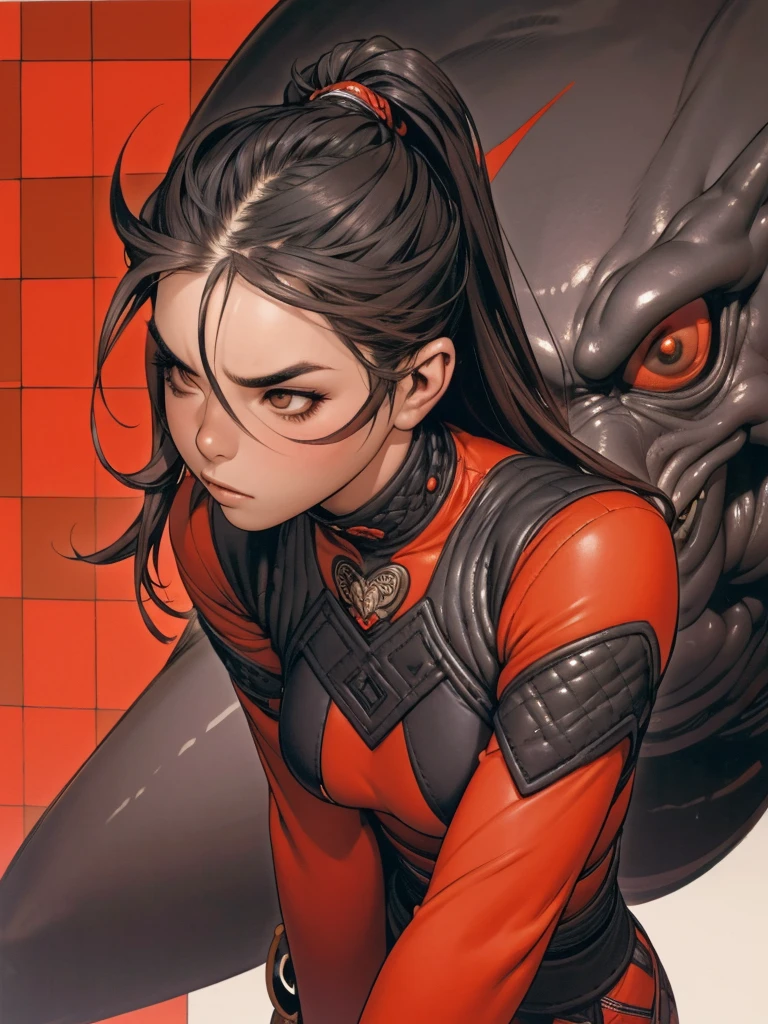 (((red checkered pattern, branco e preto))), The most powerful girl on the planet with an aggressive evil dragon outfit, arms with scale textures, fogo saindo dos cabelos longos, Agilidade, pose de lutadora, expression of hatred on the face, melhor qualidade, high resolution, action pose, corpo inteiro, cabelo vermelho