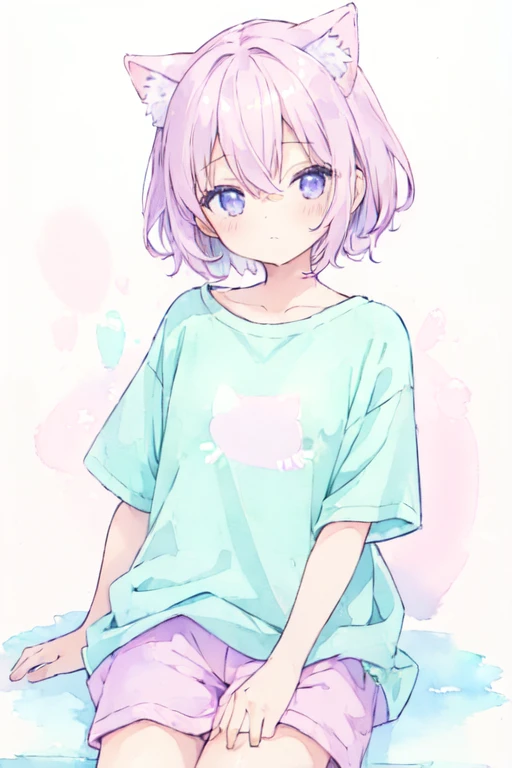 (pastel color:1.5), (watercolor:1.2), 1 girl, (cute),
cat ears,
short hair,
baggy white t-shirt,
white background,