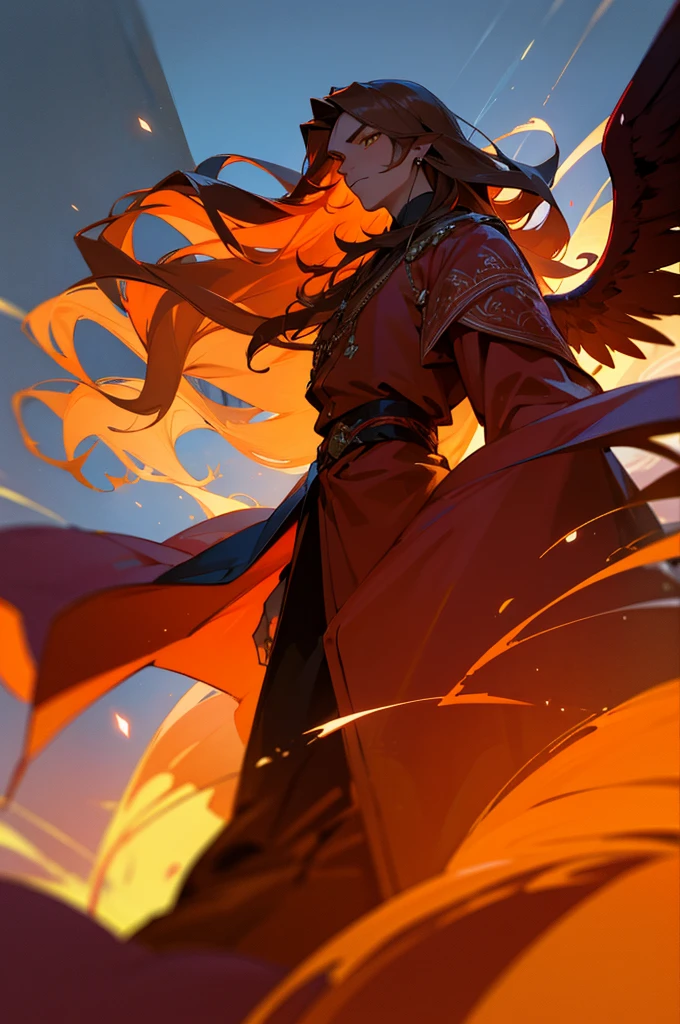 High quality digital painting of a young man with long brown hair and piercing orange eyes, adorned in medieval costume, controlling vibrant flames with a pair of enormous red wings sprouting from his back, intense and powerful, detailed hair and facial features no facial hair and no fire or accessories on the face looking forward, fiery and majestic, fancy, color palette Vibrantes, dramatic lighting