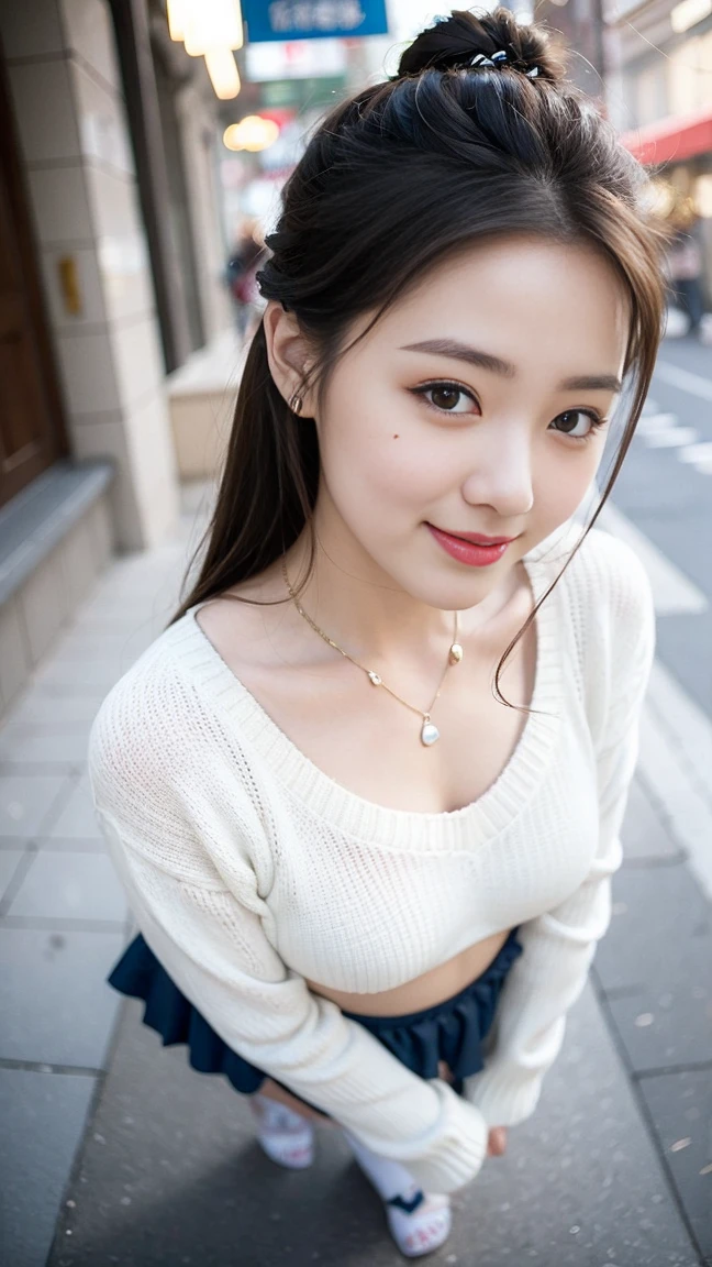 (Skin blemishes:1.2), (Skin Indentation), Dark circles, 1Missl, 25 years old, (((Miss))), Solitary, Practical, best quality, Reality, proficient, 8K, high resolution, Solitary, Extremely detailed face, (Professional lighting，Bokeh），（Light Particles，lens flare，Glowing particles：0.6），（Dynamic poses：1.2），Soft Lighting，Top angle view，fashionable atmosphere，China，street，City，Beijing，（（During the day)), sky sky, ((Looking at the audience:1)), (Looking at the camera), Gorgeous, stand up, Maintain original facial proportions, Shave your shoulders, Full Body Love, (Medium chest), (Long, delicate hair), Brown hair, Flutter, Open lips, Lipstick, 迷人的Smile, Smile, Open your mouth, teeth, (Blue grey tight sweater), (White）（Business Mini Skirt),32 inches in the chest,(a charming smile:1), (sexy pose)，(standing pose) , eyelash, birthmark, (Mole under the eye: 1),Proportionate legs, Thin and white，A pair of lotus feet，White and tender，No shoes，Delicate and beautiful feet，Focus on the chest，Full body image