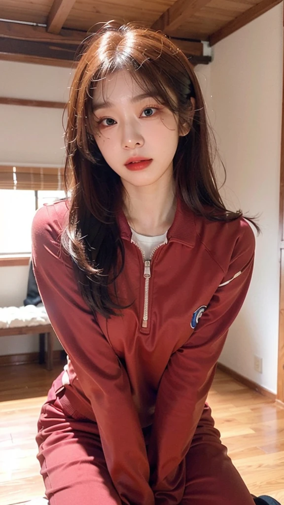 Highly detailed CG Unity 8K wallpapers,top Quority,Super detailed,tmasterpiece,realisticlying,photograph realistic,Very detailed cute girl,25 age old,musculature,Microabs,Round eyes,peeping at the viewer,Be red in the face,parted lip,Half-body shooting,
track suit , gym room,