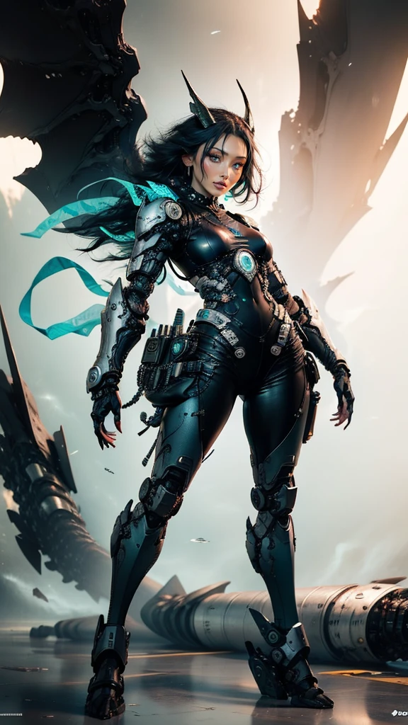 Fullbody, cowboy shot, hyper detailed, high contrast, cinematic lighting, advanced 3d rendering, volumetric lighting, ultra-fine details, sharp focus, cyborg female robot warrior, detailed metallic body, short cyberpunk hair, glowing blue circuits, futuristic technorganic armor, intricate mechanical limbs, powerful stance, dramatic lighting, cinematic composition, 8k, best quality, masterpiece, 1girl, sci-fi, 