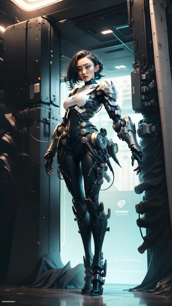 Fullbody, cowboy shot, hyper detailed, high contrast, cinematic lighting, advanced 3d rendering, volumetric lighting, ultra-fine details, sharp focus, cyborg female robot warrior, detailed metallic body, short cyberpunk hair, glowing blue circuits, futuristic technorganic armor, intricate mechanical limbs, powerful stance, dramatic lighting, cinematic composition, 8k, best quality, masterpiece, 1girl, sci-fi, 