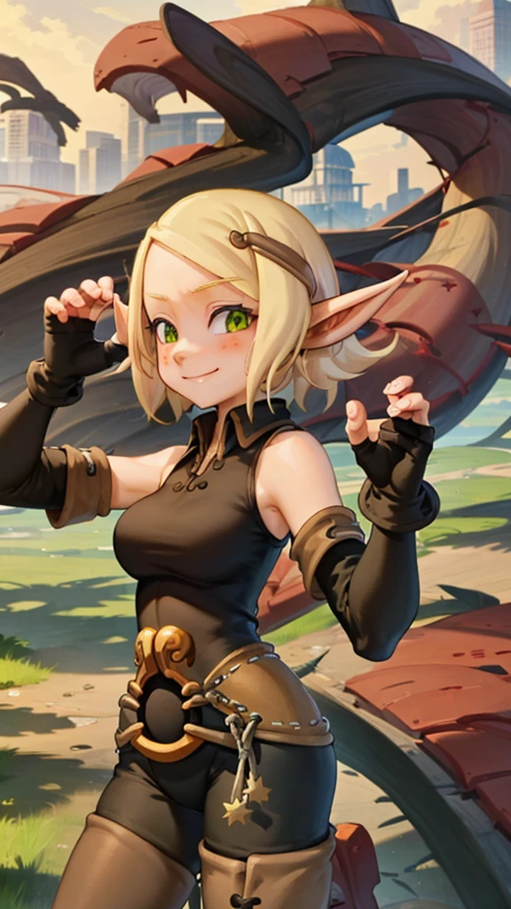 score_8_up, score_7_up, anime screenshot, looking at viewer, grass, upper body, uncensored, upper body, 1girl, evangelyne s1, short hair, ponytail, blonde hair, hair ornament, pointy ears, light freckles, green eyes, black dress, brown gloves, thigh boots, BREAK huge penis, erection, penis on face, licking penis, tongue out, open mouth, looking at viewer, hand on another's head, cumdrip, cum string, saliva trail, saliva on penis, facial,
