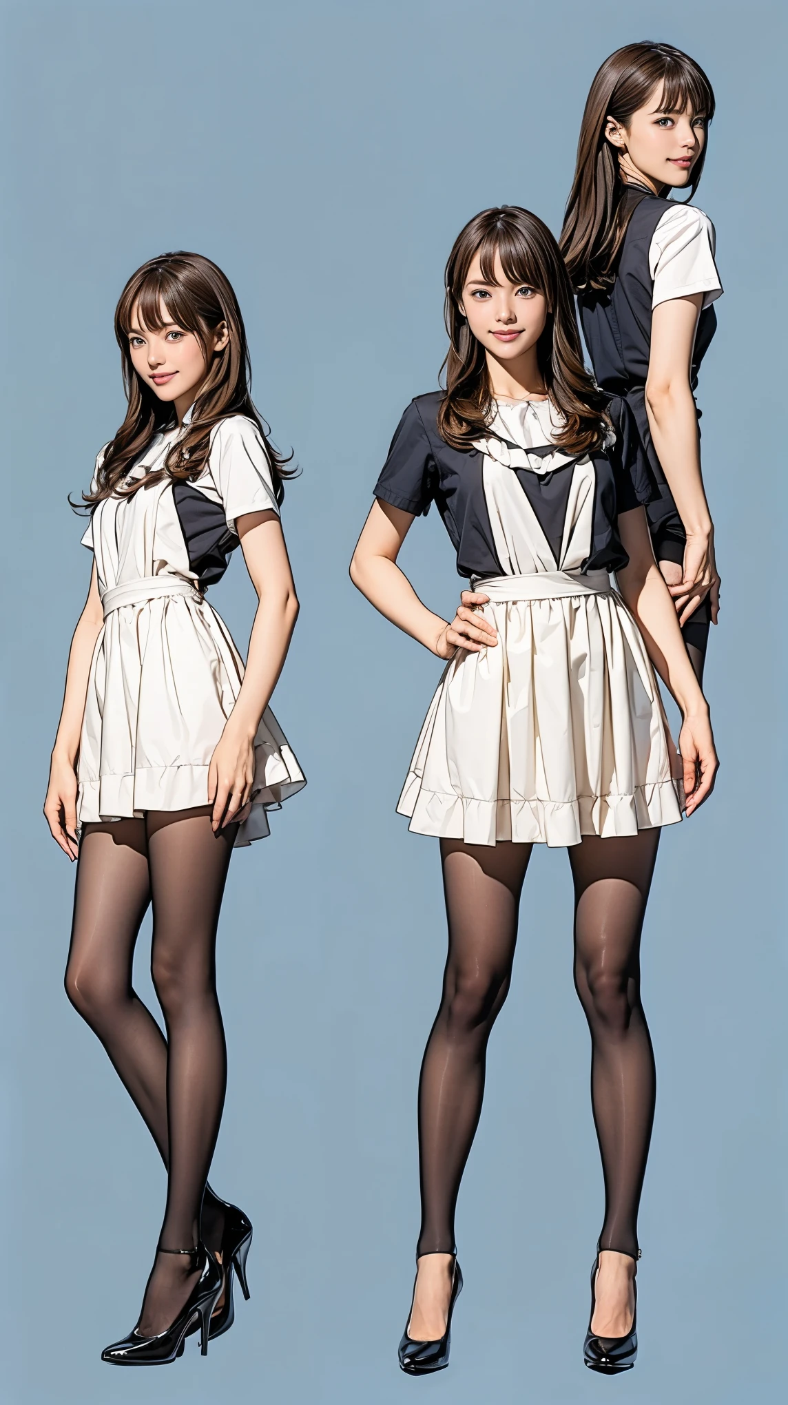 ((masterpiece)),(((Highest quality))),((Character design sheet)),Thin thighs,Long legs,Bunny girl in a light blue maid outfit:1.5,Wearing light blue tights:1.5,The best smile:1.5,Full Body Shot:1.5,Gray background:1.5,Wearing black high heels:1.5,short side waves:1.5,