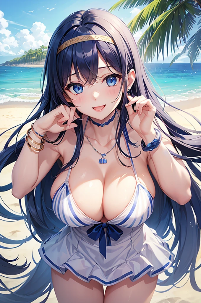 Highest quality、Highest quality、masterpiece、Beauty(Age 25)、Navy blue long hair、blue eyes、Sexy White Bikini(Dark stripes)、Big cleavage、(Big Breasts)、smile、blue necklace、Blue Earrings、background(Beach)、Please open your mouth wide、White headband、bracelet、Dynamic pose