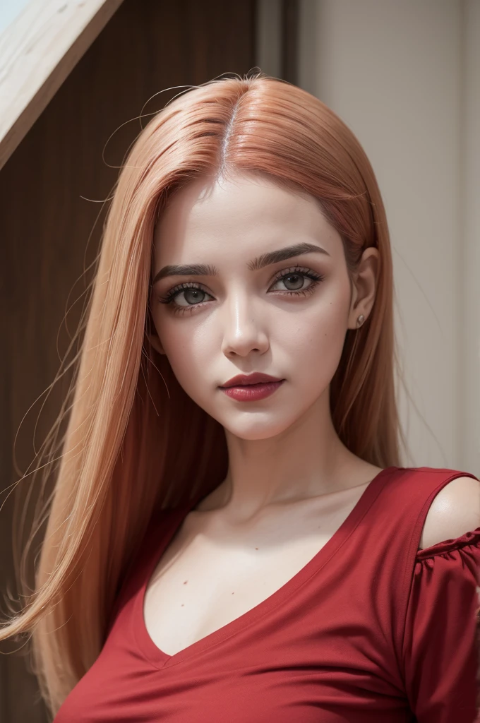 Garota de cabelos longos pretos,  esta usando uma saia curta vermelho vivo e blusa curta preta