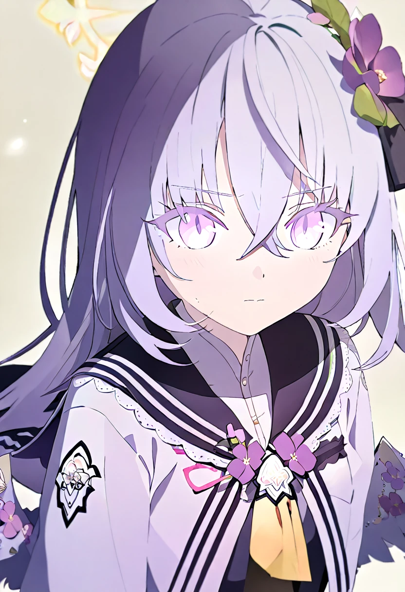 azusa \(blue archive\),1girl black_ribbon black_sailor_collar closed_mouth crescent_halo cropped_torso expressionless eyelashes flower flower_brooch hair_flower hair_ornament hair_ribbon halo lace-trimmed_sailor_collar leaf light_blush light_frown long_hair looking_ahead neck_ribbon neckerchief purple_eyes purple_flower purple_hair ribbon sailor_collar school_uniform serafuku shirt simple_background solo straight_hair white_background white_shirt yellow_halo yellow_neckerchief