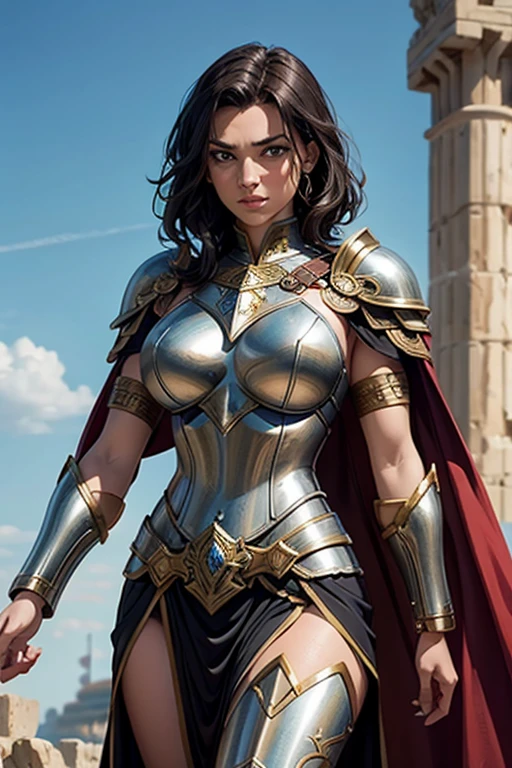 a woman in a costume with a sword and armor, dressed in spartan armour, stunning armor, beautiful armor, gal gadot as hell lord, wearing shiny breastplate, greek armor, dressed in roman armour, ancient greek ornamented armor, greek amazon warrior, traditional roman armor, wearing heavy armor with cape, bronze greek armor, warrior dress, roman goddess