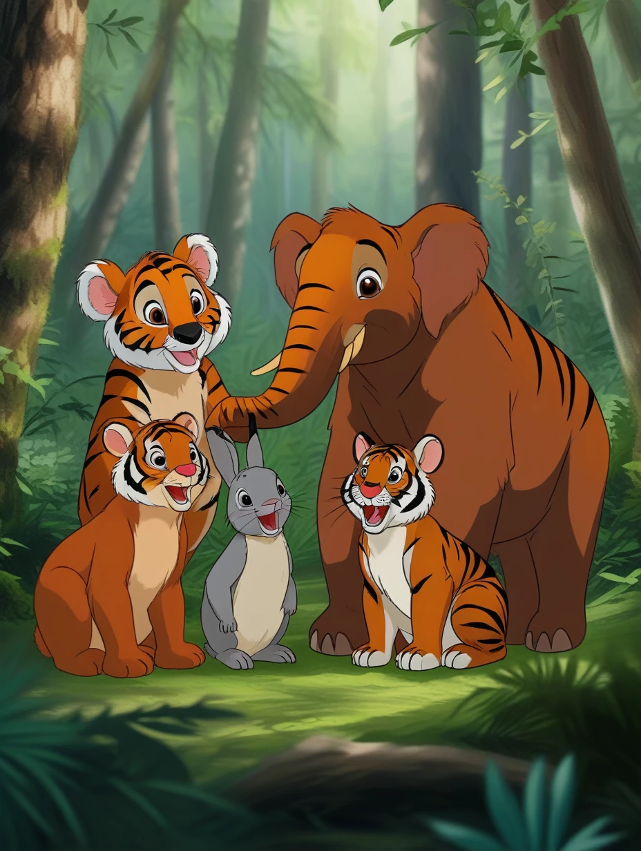 the cute animals in the forest, Brown Bear, Tiger, African Elephant,
Eastern Cottontail Rabbit
 portrait, cartoon,j_cartoon,

