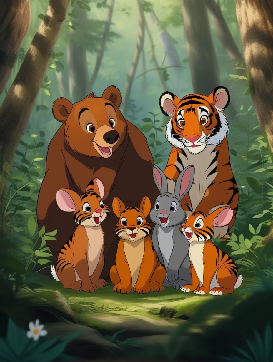 the cute animals in the forest, Brown Bear, Tiger, African Elephant,
Eastern Cottontail Rabbit
 portrait, cartoon,j_cartoon,

