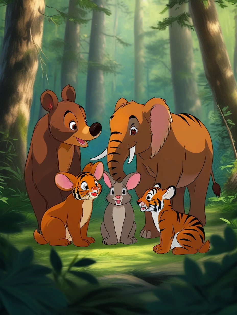 the cute animals in the forest, Brown Bear, Tiger, African Elephant,
Eastern Cottontail Rabbit
 portrait, cartoon,j_cartoon,

