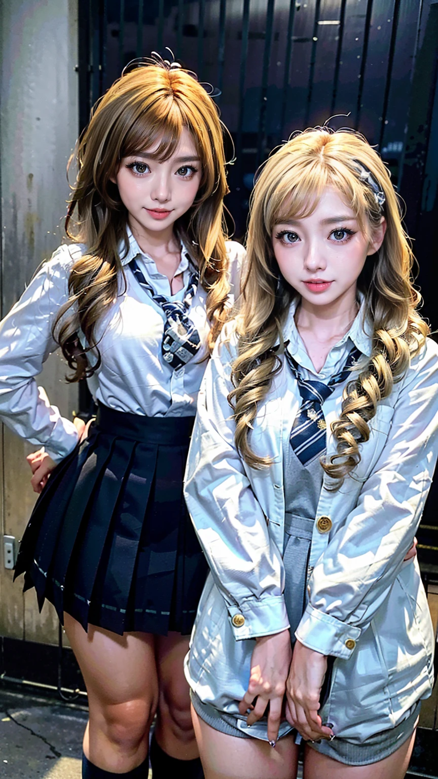 (scene; (2 people:1.8)), Gal, (女子高校生2 people), (Shopping mall, Shopping Street, street, Outdoor), (こちらを向いてAre standing, Full body portrait, Photograph the whole body, Full-body image, Are standing, With legs spread, Doing sexy poses), (tall, Thin thighs, Long, slender limbs, Small waist), ((Highly detailed skin), Beautiful realistic face, White skin, Pointed Chest, Perfect Anatomy, Realistic eyes, Natural Eyes, Brown eyes, Accurate eye focus, Accurate limbs), (Hyper Realist, Ultra-realistic, 4k, Attention to detail, Ultra-high resolution, Highest quality, masterpiece, Presence, dynamic, Uplifting, bold, Sharpness), (Big Breasts:1.5, Cleavage:1.5), (Blonde long hair:1.5, Wavy long hair:1.5, Curly Hair:1.5), (sleek bangs), (Twin tail hair), ((White collared shirt, Navy pleated mini skirt, Navy colored socks, Black loafers, Ribbon tie)), High school girl in uniform, Surreal high school girl, tall, High school girls in uniform, smile, (Cleavageを強調), (Are standing女子高校生が2 people:1.8),