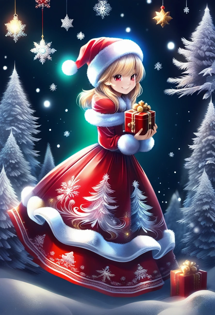 FrostedStyle, cute girl wearing red Christmas dress is holding Christmas present, big happy smile with closed eyes,
(snowy forest, moonlight, Christmas trees), (sparkles, sparkling clothes, sparkling eyes),