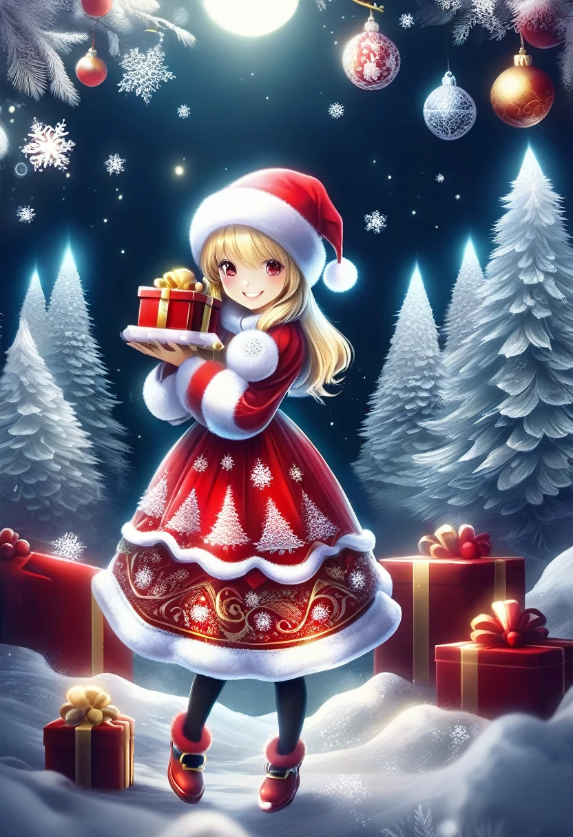 FrostedStyle, cute girl wearing red Christmas dress is holding Christmas present, big happy smile with closed eyes,
(snowy forest, moonlight, Christmas trees), (sparkles, sparkling clothes, sparkling eyes),