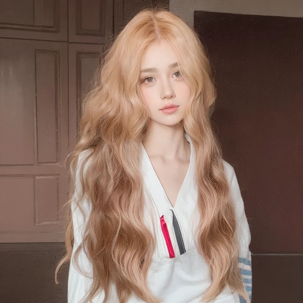 Pink long curly hair，Natural and beautiful hair，Middle-parted long curly hair with bangs，The background is simple and clean