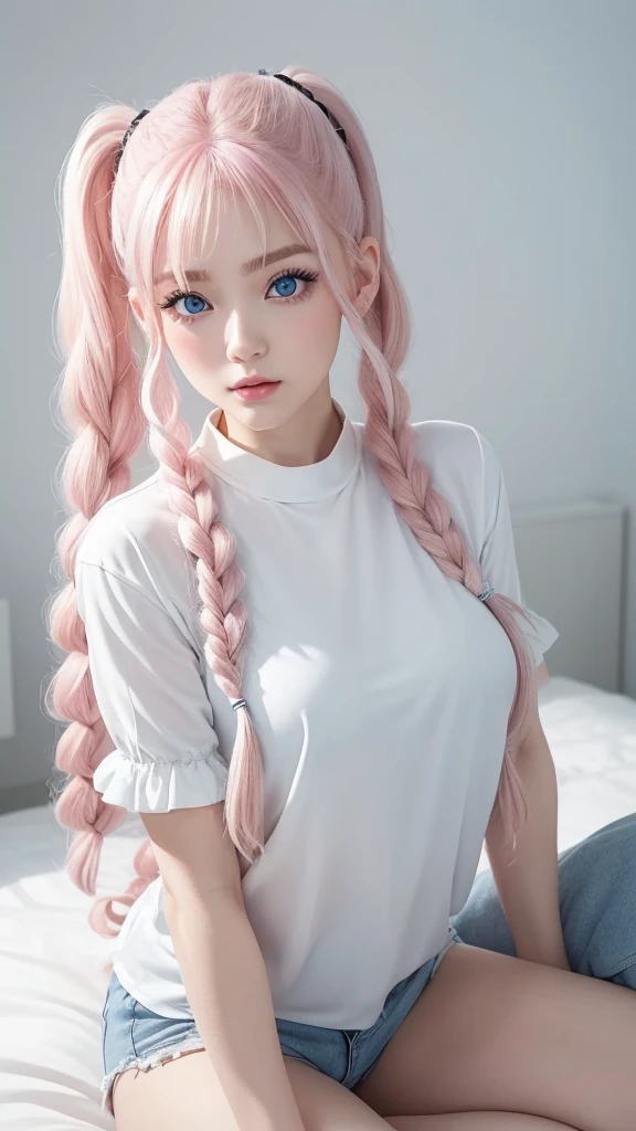 (In a pure white room with white wallpaper、Seductive and handsome poses、Posting on social media、A stylish white shirt、Stylish black trousers、Japanese 36%and Ukraine 64%of mixed race children、Age 19、A beautiful and stylish woman、Her hair is pink ash gray and super long in twin tails, twisted and curly.、Eyebrows are thin, slightly thick and short、Her big blue eyes are so pretty and beautiful、His nose is high like an Englishman&#39;s、Plump lips) ［Fingers are not visible］(Always take photos alone)(I&#39;m very confident)(Height 178cm) (To portray with precision、Highest quality、Artistic composition、Super detailed、High resolution、Dynamic Lighting Effects、Golden Ratio、Silver ratio) Do your best to fulfill all these conditions.。