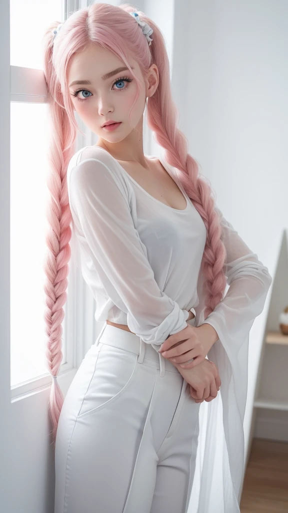 Realistic, Best quality, insane quality, nude, hot 18 years old girl, otome, otome dori, otome being fucked by a man with a big cock, expression of sexual pleasure on cute face, pale skin, hot tall and slim body (Anatomically correct proportions ), sexy position, ((naked hot body with natural pretty tits showing ), long sleeve)), thick thighs, realistic pretty butt crack, erotic pose, very long pink hair, 4k